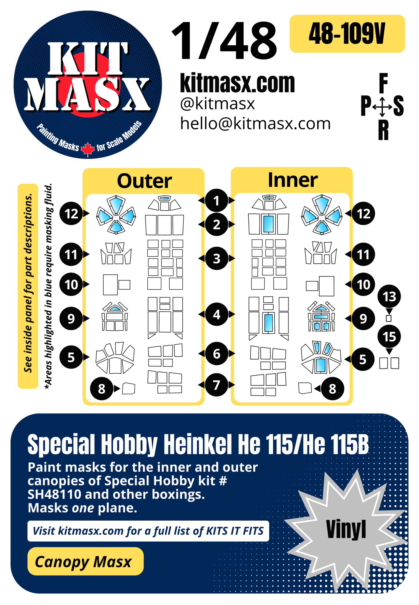 Special Hobby Heinkel He 115/He 115B 1/48 Canopy Paint Masks, Kit # SH48110