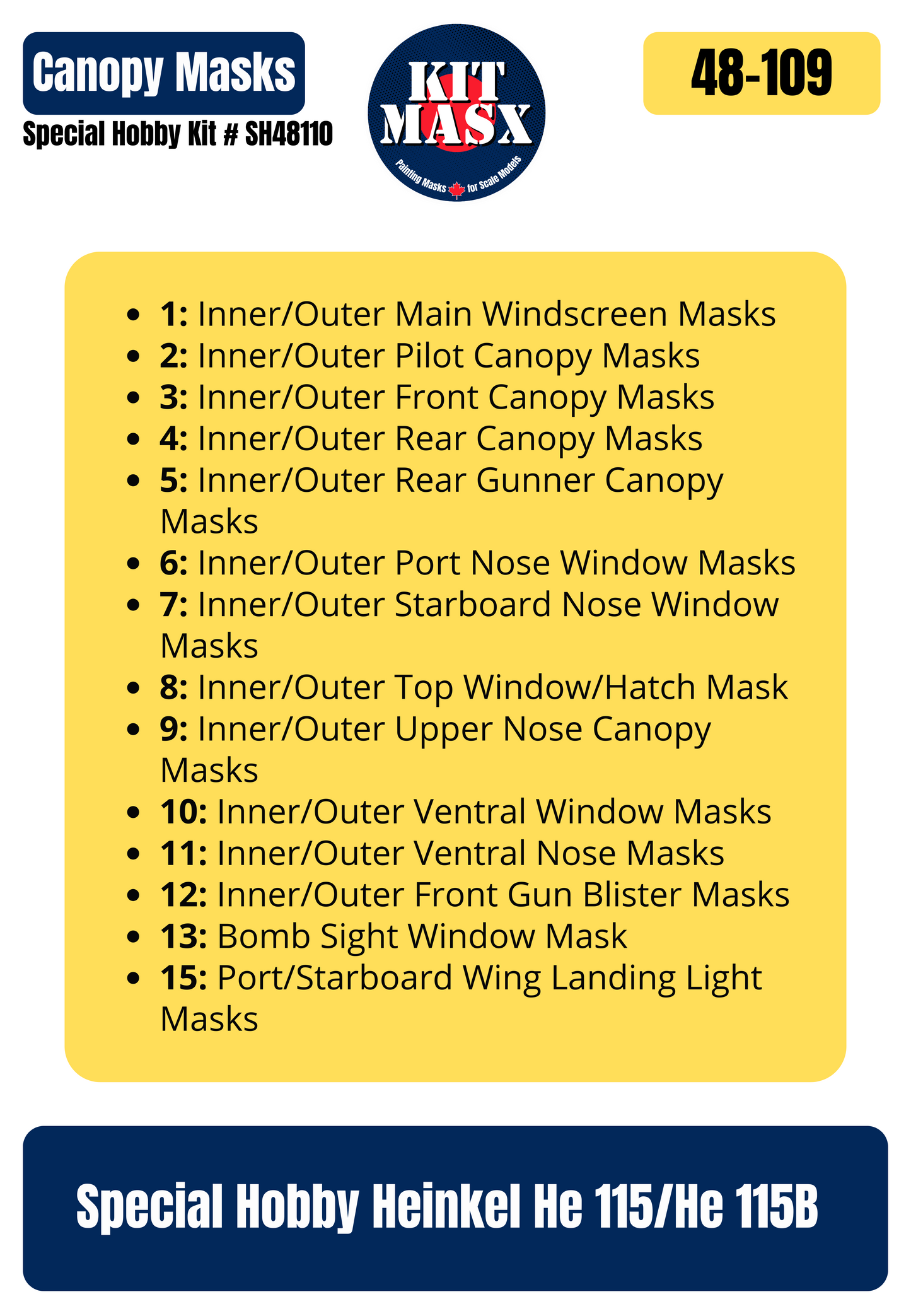 Special Hobby Heinkel He 115/He 115B 1/48 Canopy Paint Masks, Kit # SH48110