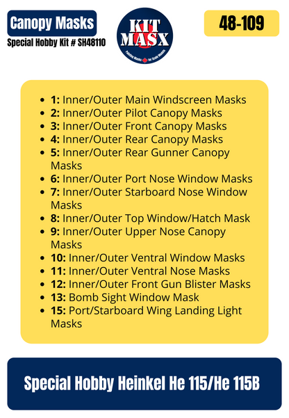 Special Hobby Heinkel He 115/He 115B 1/48 Canopy Paint Masks, Kit # SH48110