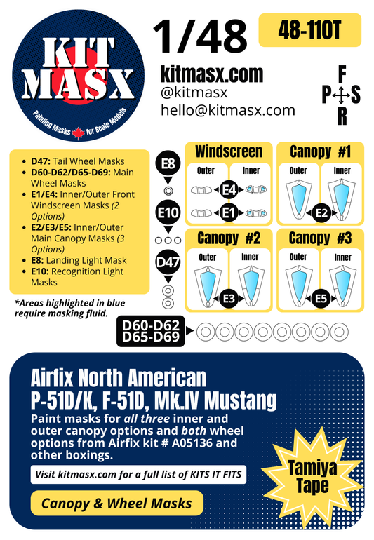 Airfix North American P-51D/K, F-51D, Mk.IV Mustang 1/48 Canopy & Wheel Paint Masks, Kit # A05136