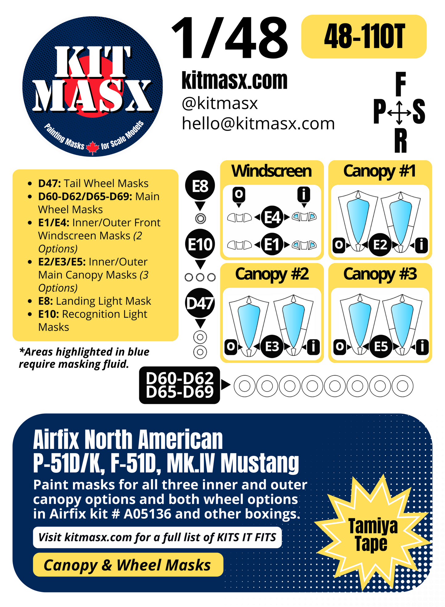 Airfix North American P-51D/K, F-51D, Mk.IV Mustang 1/48 Canopy & Wheel Paint Masks, Kit # A05136
