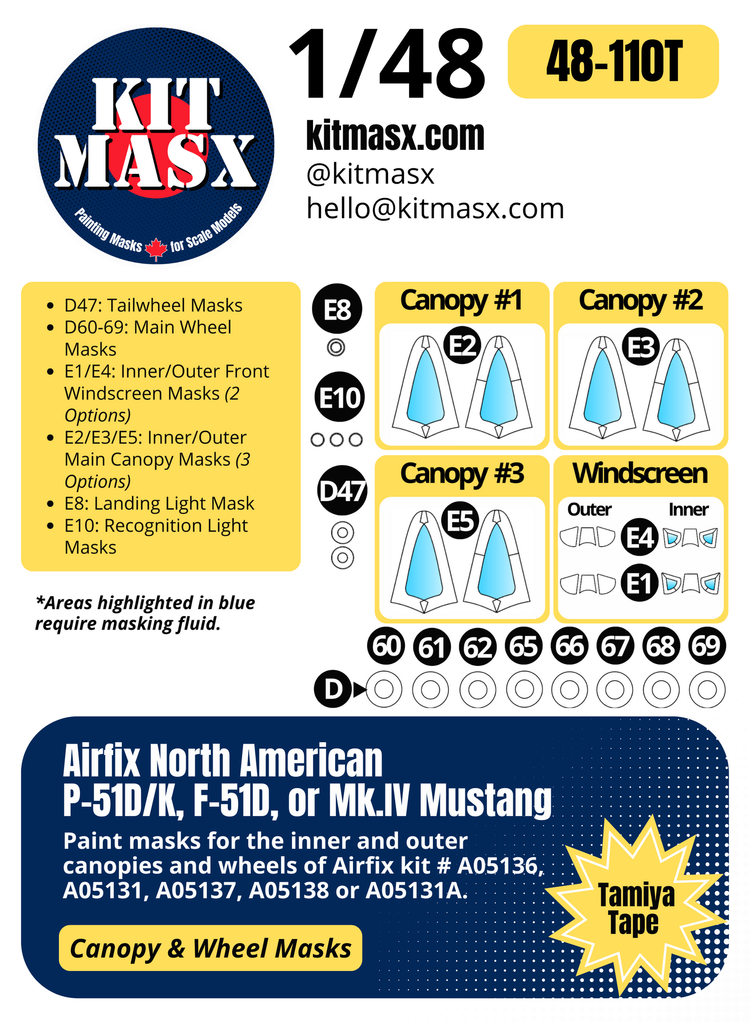 Airfix North American P-51D/F-51D Mustang 1/48 Canopy & Wheel Paint Masks