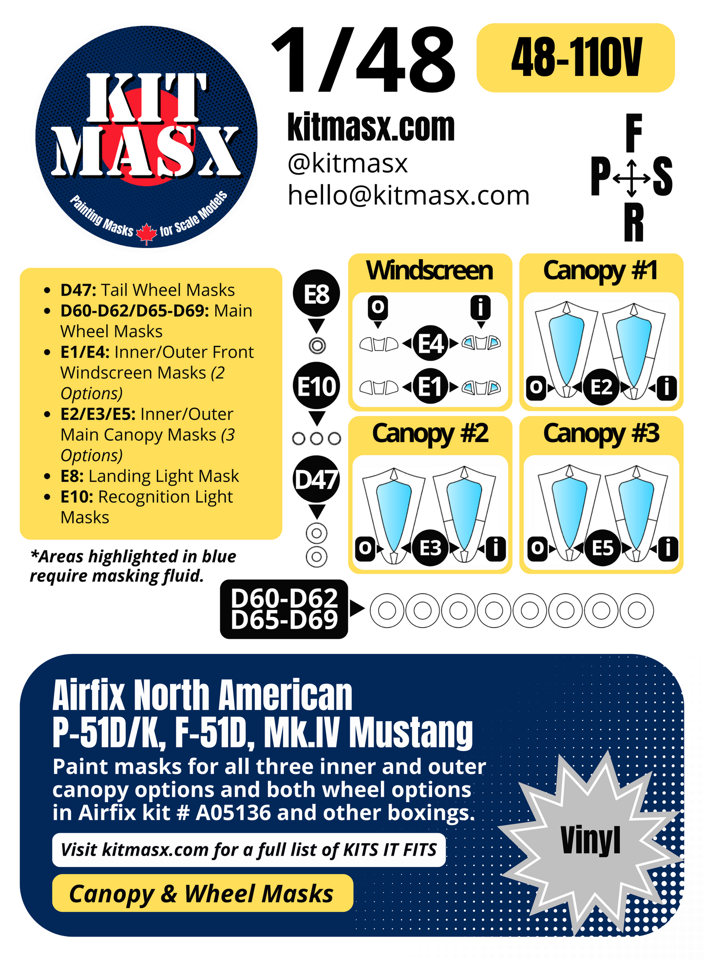 Airfix North American P-51D/K, F-51D, Mk.IV Mustang 1/48 Canopy & Wheel Paint Masks, Kit # A05136
