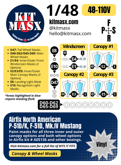 Airfix North American P-51D/K, F-51D, Mk.IV Mustang 1/48 Canopy & Wheel Paint Masks, Kit # A05136