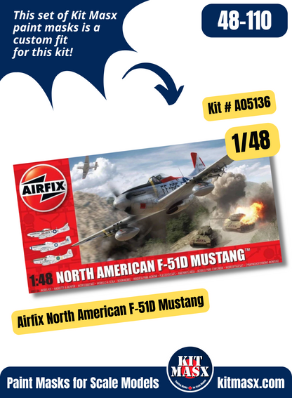 Airfix North American P-51D/K, F-51D, Mk.IV Mustang 1/48 Canopy & Wheel Paint Masks, Kit # A05136