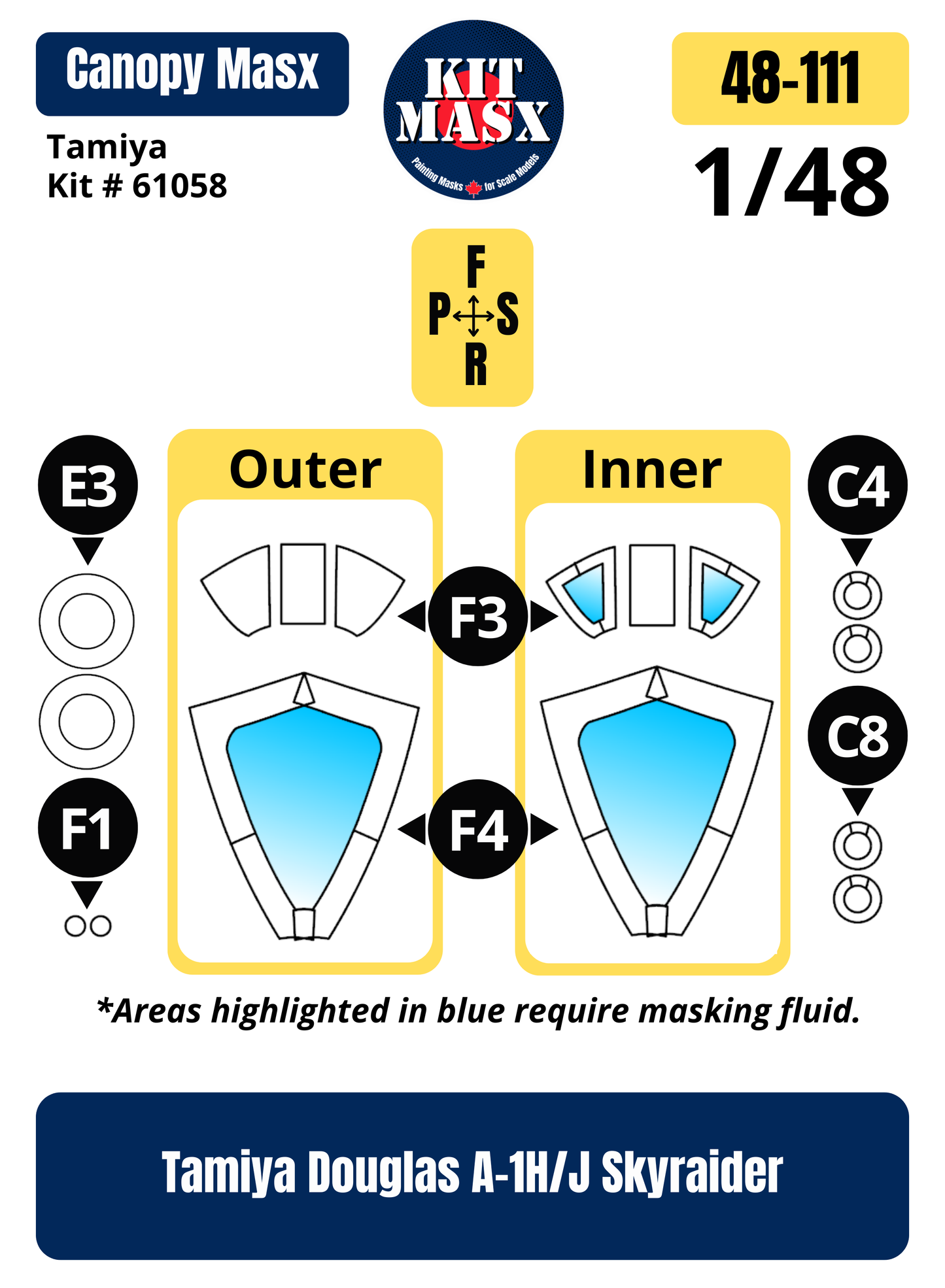 Tamiya Douglas A-1H/J Skyraider 1/48 Canopy & Wheel Paint Masks, Kit # 61058 (48111)