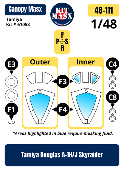 Tamiya Douglas A-1H/J Skyraider 1/48 Canopy & Wheel Paint Masks, Kit # 61058 (48111)
