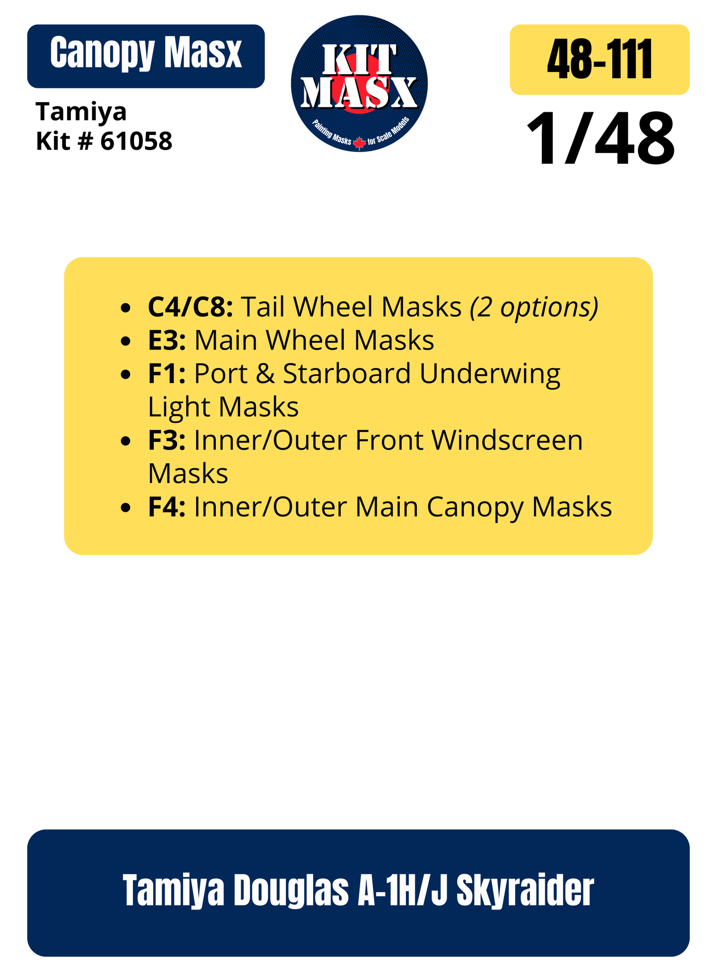 Tamiya Douglas A-1H/J Skyraider 1/48 Canopy & Wheel Paint Masks, Kit # 61058 (48111)