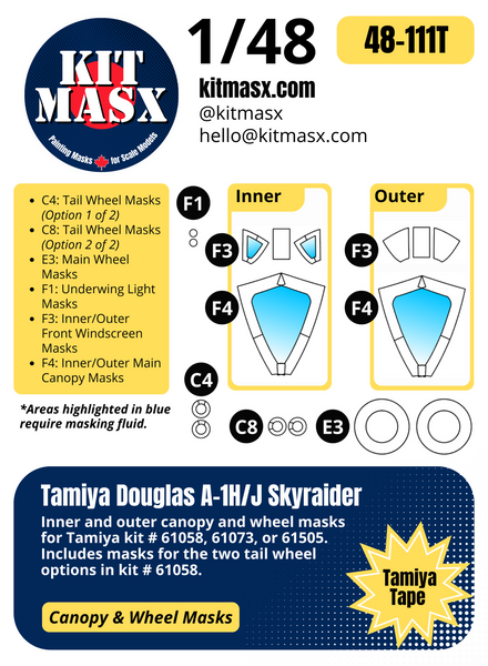 Tamiya Douglas A-1H/J Skyraider 1/48 Canopy & Wheel Paint Masks, Kit # 61058