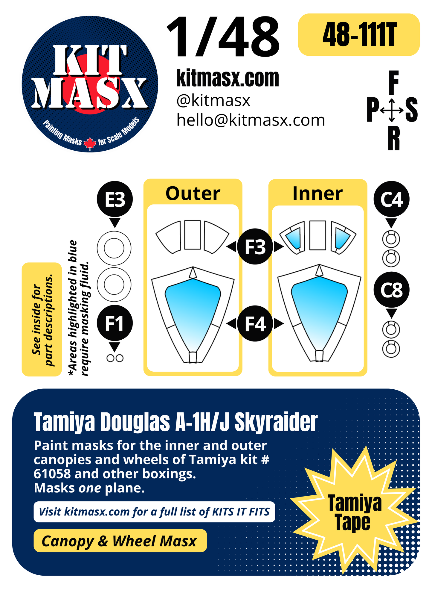Tamiya Douglas A-1H/J Skyraider 1/48 Canopy & Wheel Paint Masks, Kit # 61058 (48111)