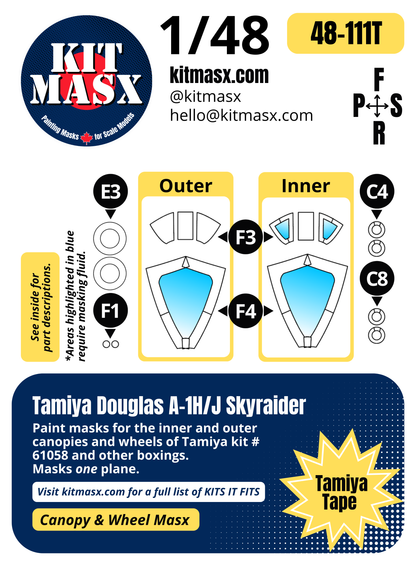 Tamiya Douglas A-1H/J Skyraider 1/48 Canopy & Wheel Paint Masks, Kit # 61058 (48111)