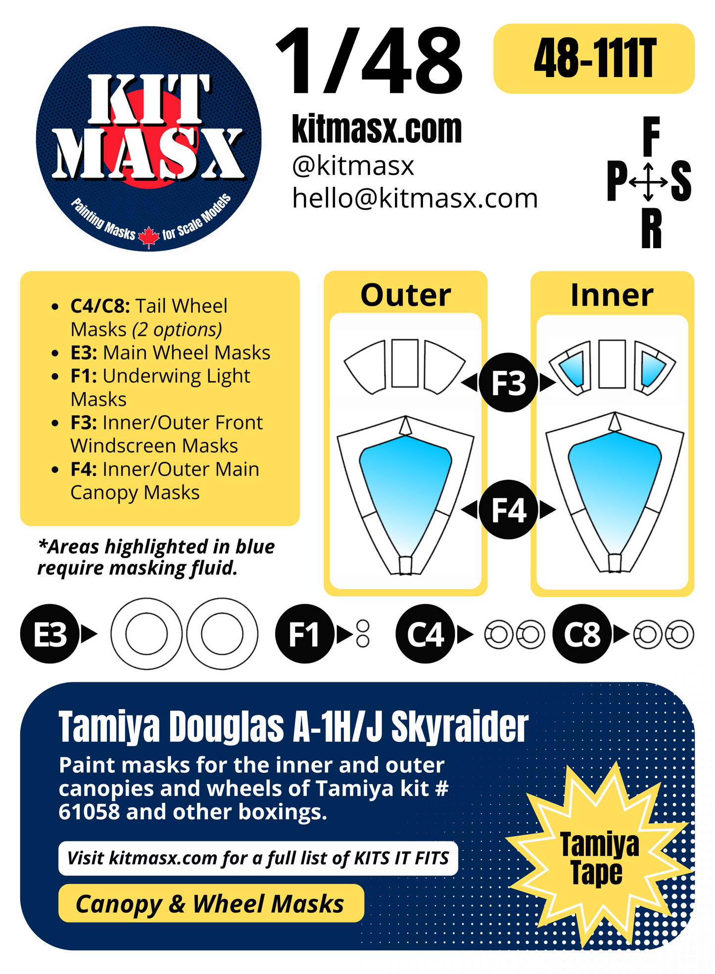 Tamiya Douglas A-1H/J Skyraider 1/48 Canopy & Wheel Paint Masks, Kit # 61058