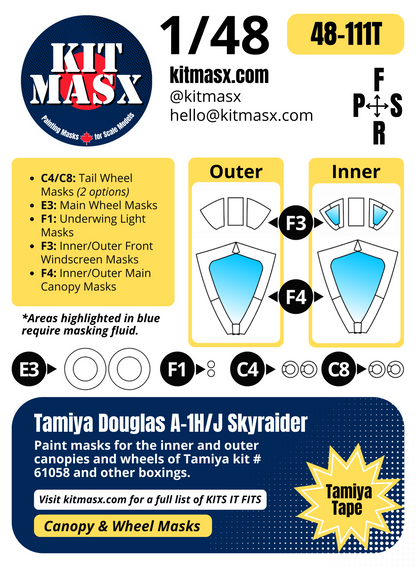 Tamiya Douglas A-1H/J Skyraider 1/48 Canopy & Wheel Paint Masks, Kit # 61058