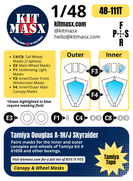 Tamiya Douglas A-1H/J Skyraider 1/48 Canopy & Wheel Paint Masks, Kit # 61058