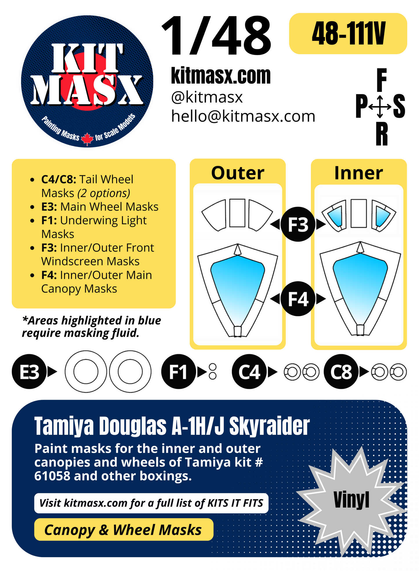 Tamiya Douglas A-1H/J Skyraider 1/48 Canopy & Wheel Paint Masks, Kit # 61058