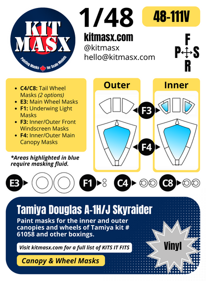 Tamiya Douglas A-1H/J Skyraider 1/48 Canopy & Wheel Paint Masks, Kit # 61058