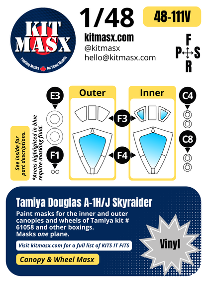 Tamiya Douglas A-1H/J Skyraider 1/48 Canopy & Wheel Paint Masks, Kit # 61058 (48111)
