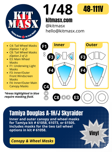 Tamiya Douglas A-1H/J Skyraider 1/48 Canopy & Wheel Paint Masks, Kit # 61058