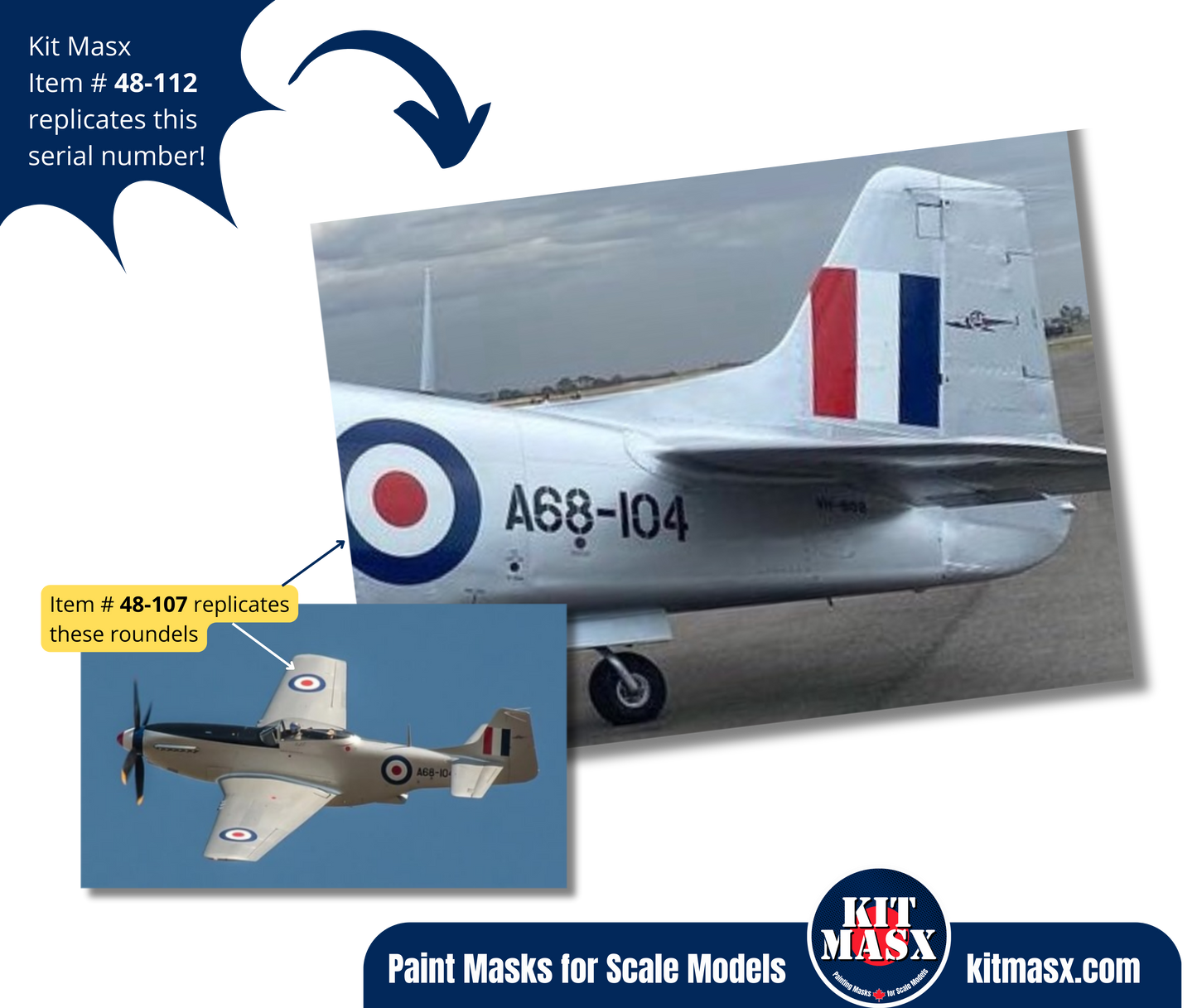 P-51D Mustang Airframe Serial Number "A68-104" 1/48 Main Marking Paint Masks