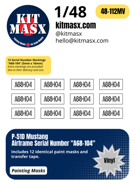 P-51D Mustang Airframe Serial Number "A68-104" 1/48 Main Marking Paint Masks