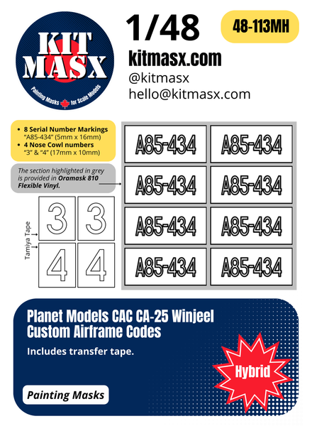 Planet Models CAC CA-25 Winjeel Custom Airframe Codes 1/48 Main Marking Paint Masks