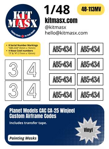 Planet Models CAC CA-25 Winjeel Custom Airframe Codes 1/48 Main Marking Paint Masks