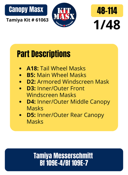 Tamiya Messerschmitt Bf 109E-4/Bf 109E-7 1/48 Canopy & Wheel Paint Masks, Kit # 61063 (48114)