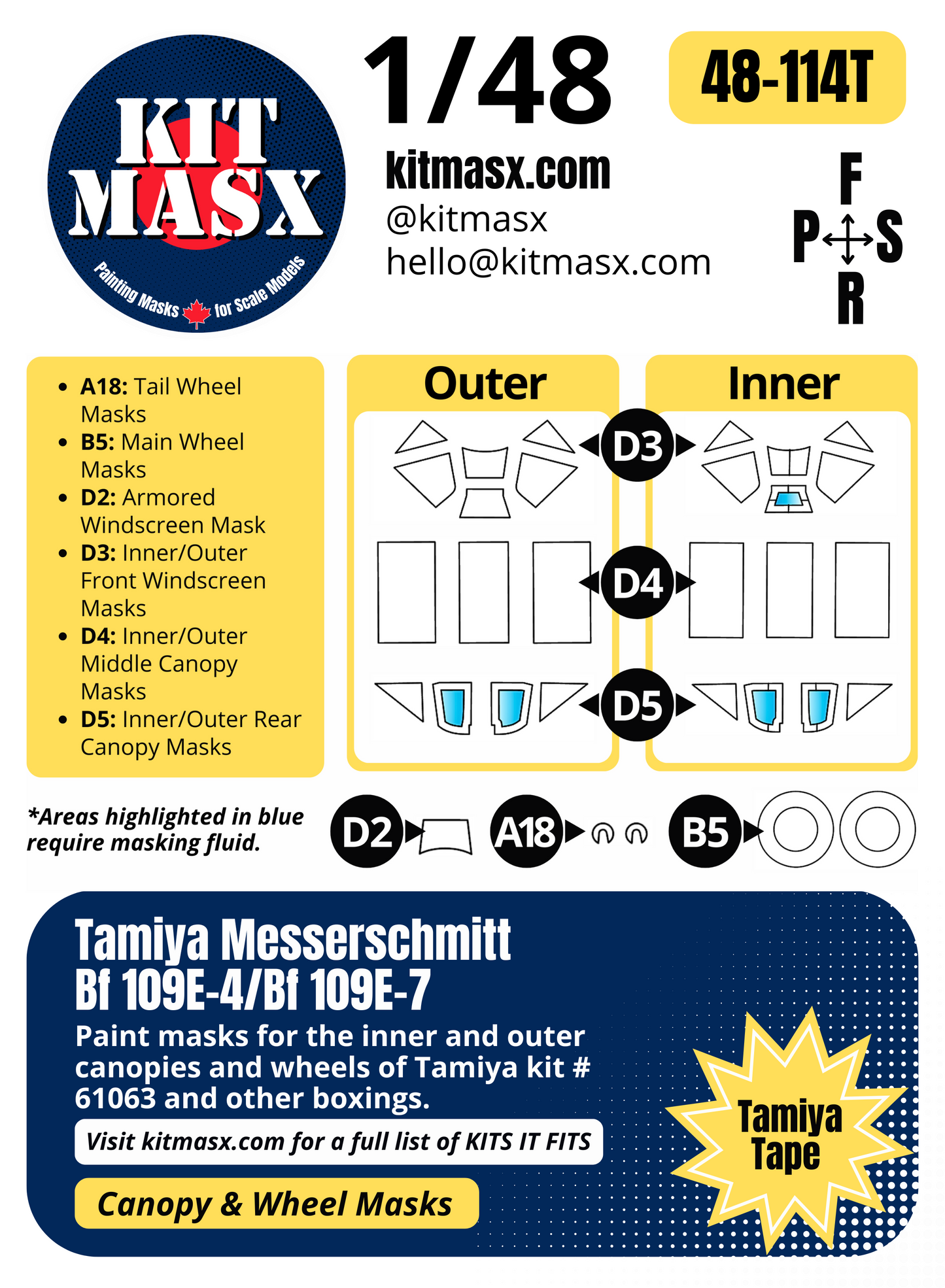 Tamiya Messerschmitt Bf 109E-4/Bf 109E-7 1/48 Canopy & Wheel Paint Masks, Kit # 61063