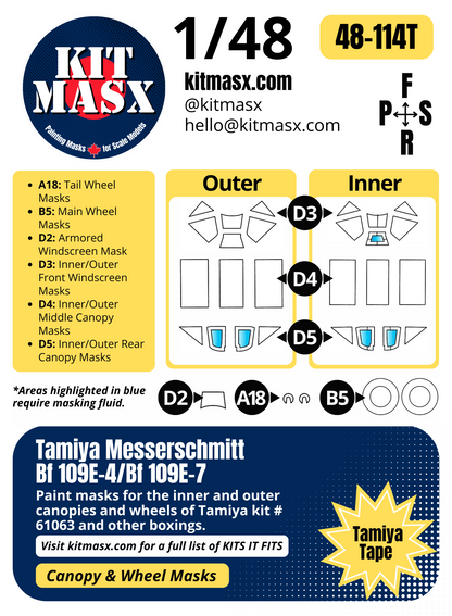 Tamiya Messerschmitt Bf 109E-4/Bf 109E-7 1/48 Canopy & Wheel Paint Masks, Kit # 61063