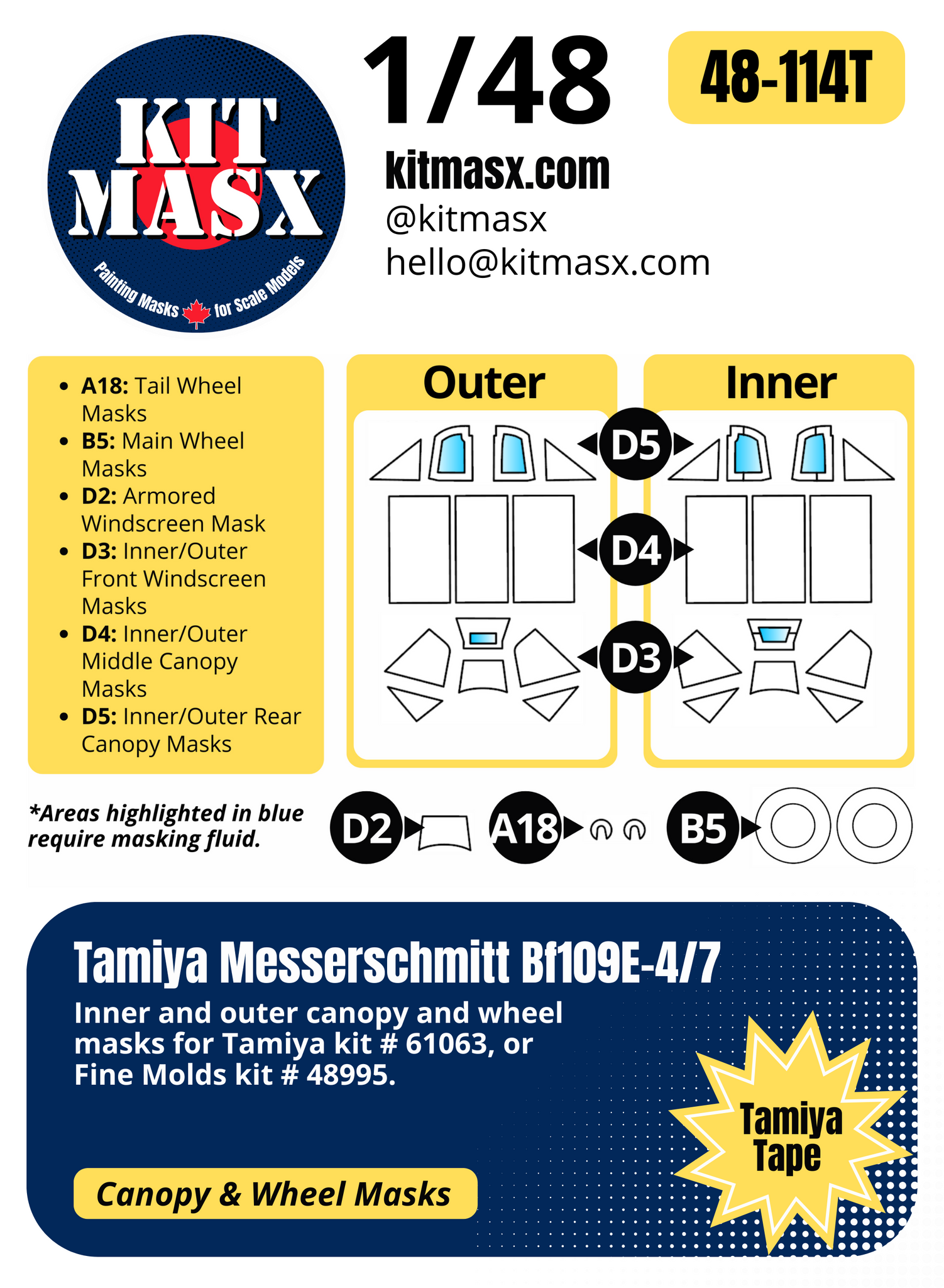 Tamiya Messerschmitt Bf109E-4/7 1/48 Canopy & Wheel Paint Masks, Kit # 61063