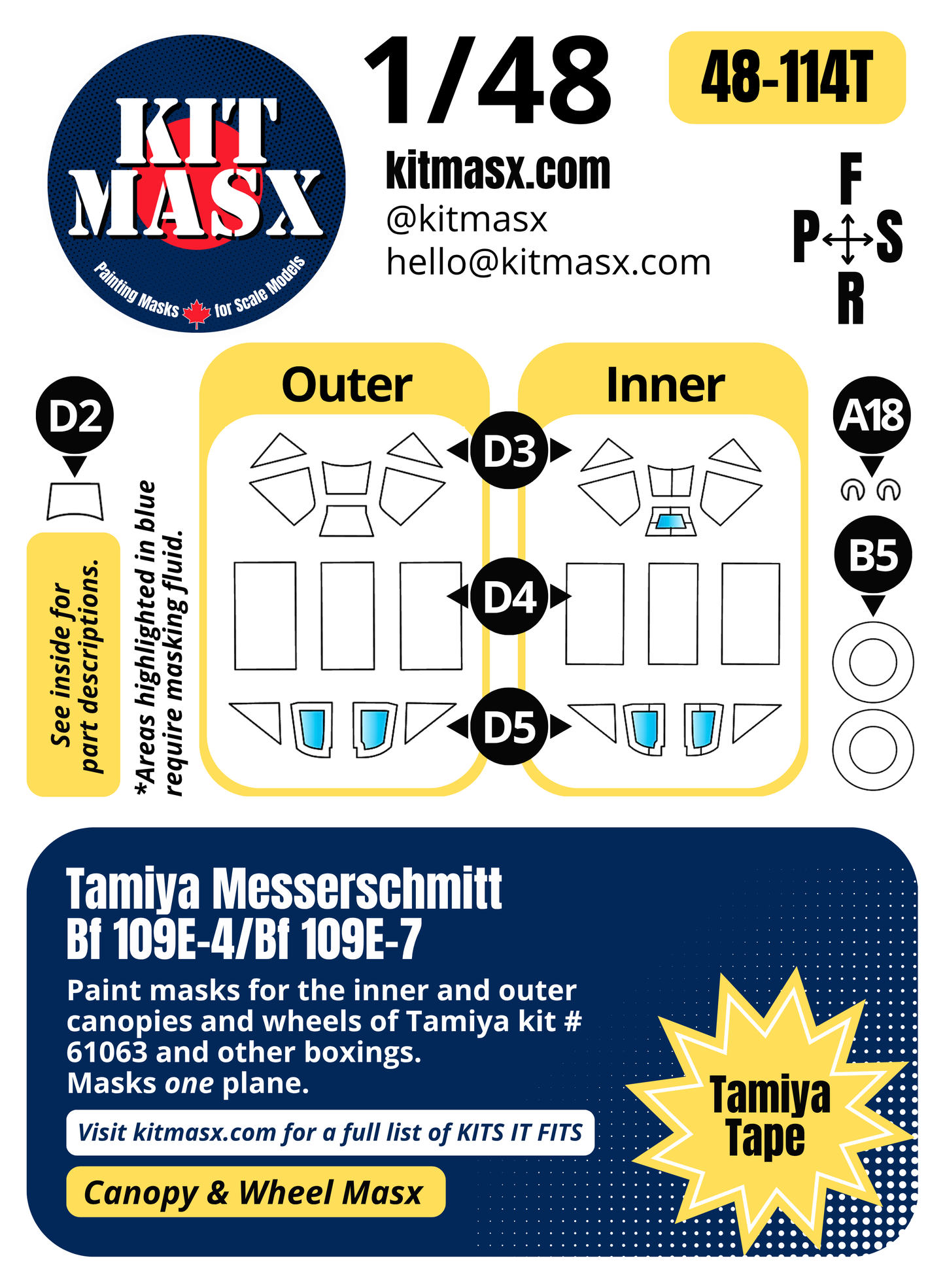 Tamiya Messerschmitt Bf 109E-4/Bf 109E-7 1/48 Canopy & Wheel Paint Masks, Kit # 61063 (48114)