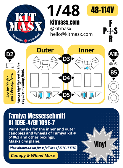 Tamiya Messerschmitt Bf 109E-4/Bf 109E-7 1/48 Canopy & Wheel Paint Masks, Kit # 61063 (48114)