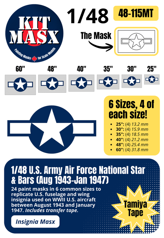 U.S. Army Air Force (USAAF) Star and Bars (August 1943-January 1947) 1/48 National Insignia Paint Masks (48115M)