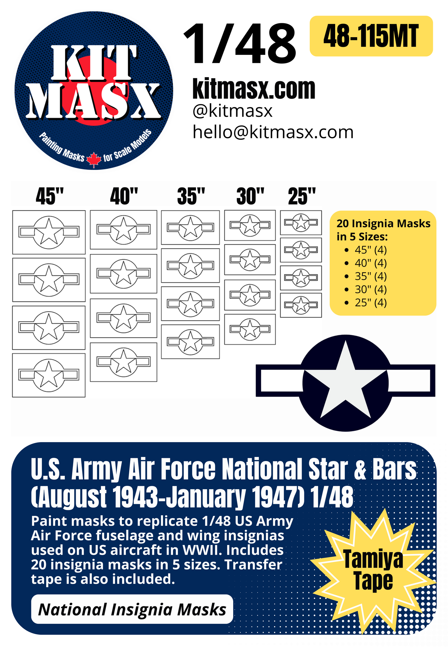 U.S. Army Air Force (USAAF) Star and Bars (August 1943-January 1947) 1/48 National Insignia Paint Masks