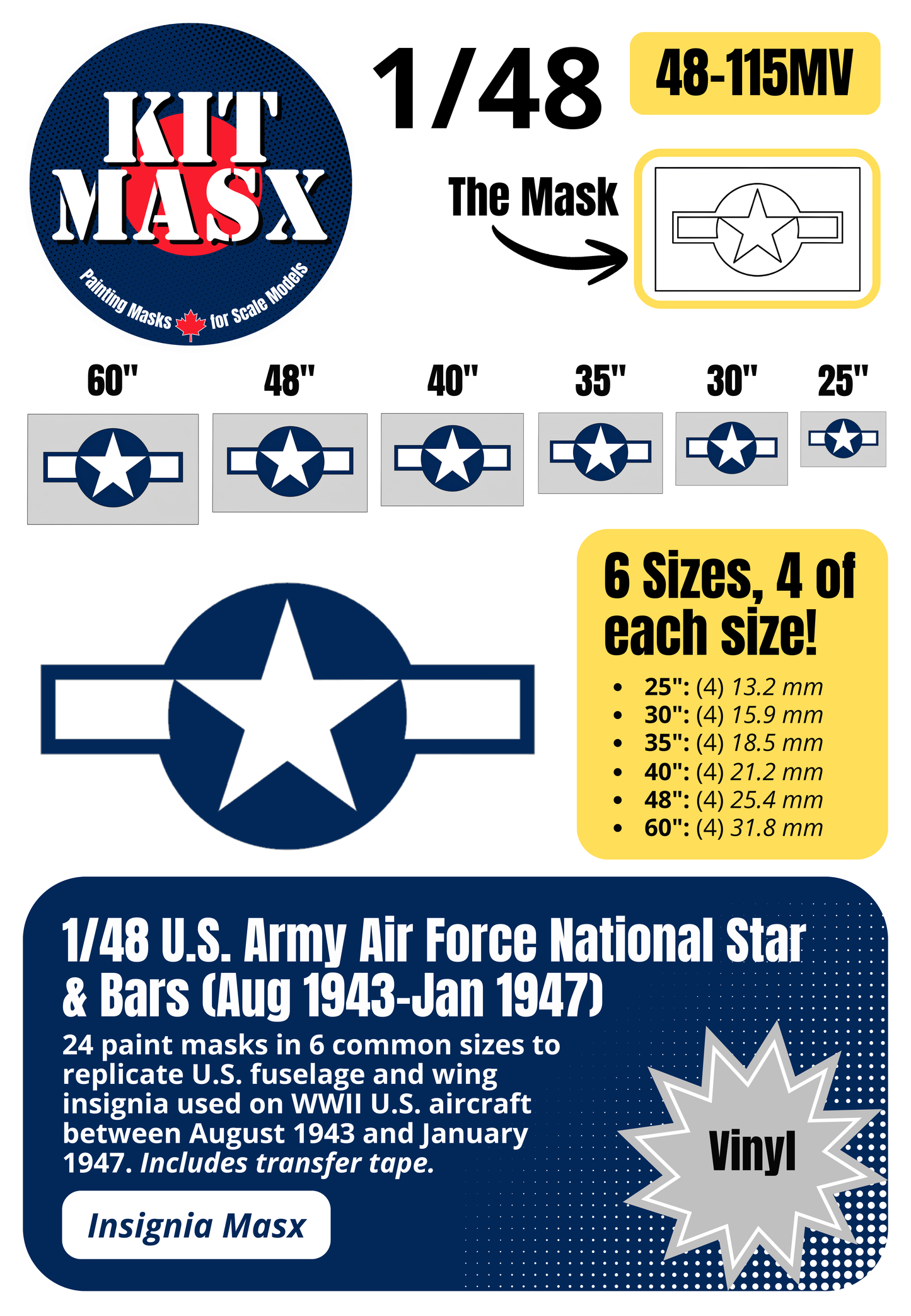 U.S. Army Air Force (USAAF) Star and Bars (August 1943-January 1947) 1/48 National Insignia Paint Masks (48115M)