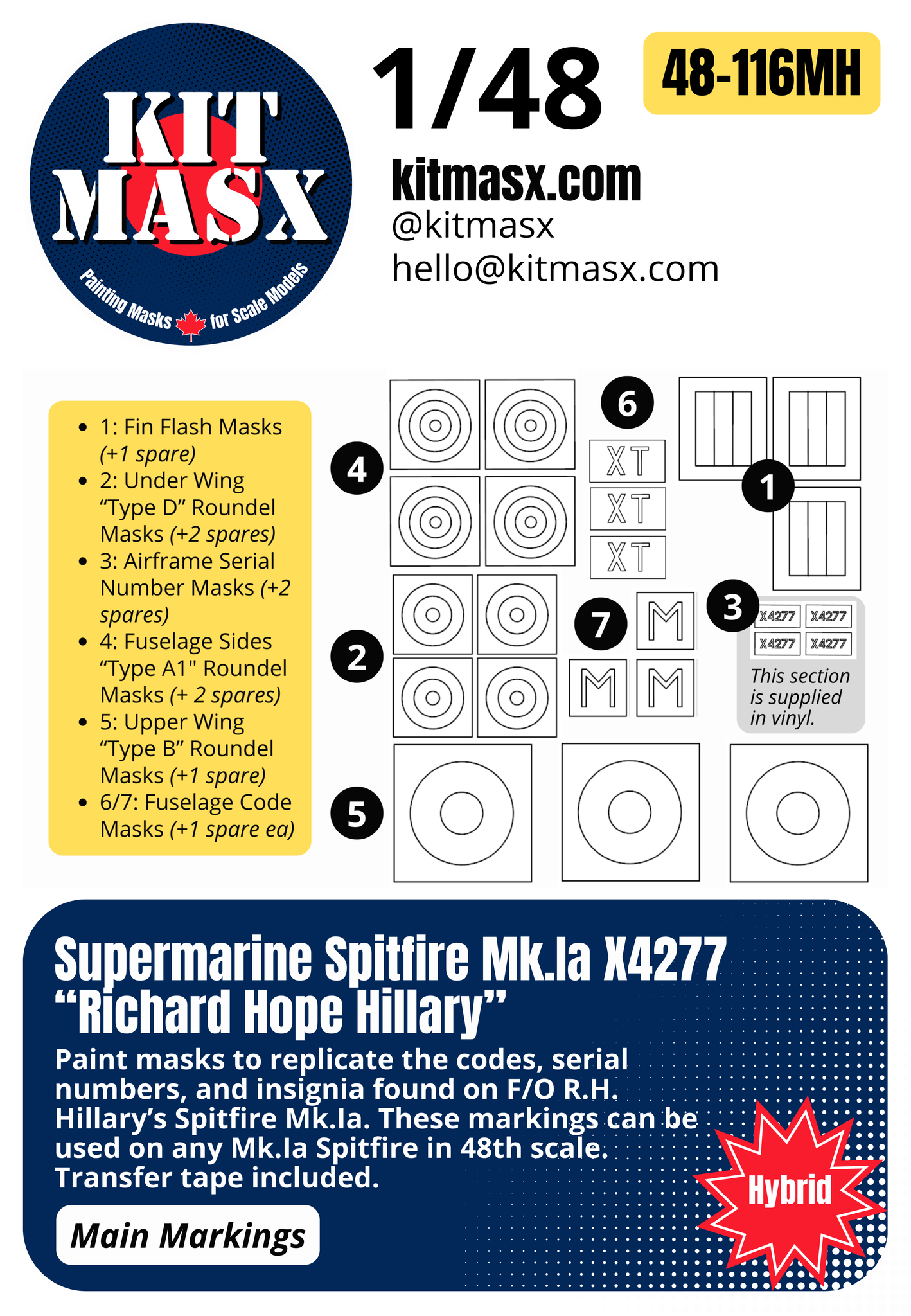 Supermarine Spitfire Mk.Ia X4277 “Richard Hope Hillary” 1/48 & 1/72 Main Marking Paint Masks