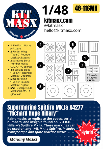 Supermarine Spitfire Mk.Ia X4277 “Richard Hope Hillary” 1/48 & 1/72 Main Marking Paint Masks