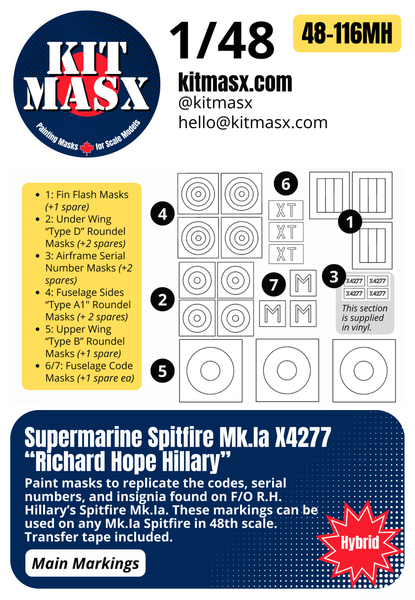 Supermarine Spitfire Mk.Ia X4277 “Richard Hope Hillary” 1/48 & 1/72 Main Marking Paint Masks