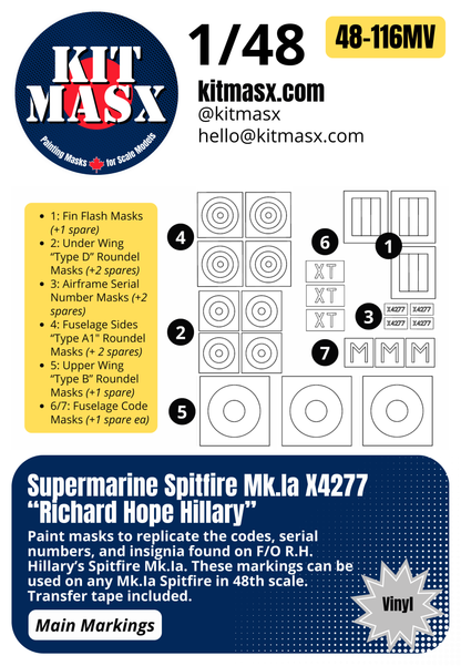 Supermarine Spitfire Mk.Ia X4277 “Richard Hope Hillary” 1/48 & 1/72 Main Marking Paint Masks