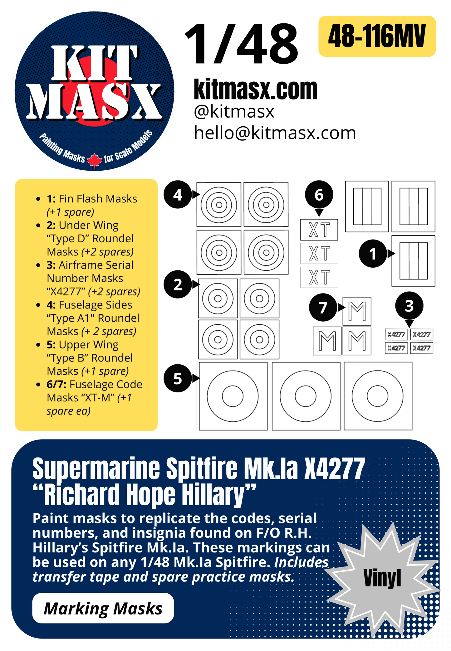 Supermarine Spitfire Mk.Ia X4277 “Richard Hope Hillary” 1/48 & 1/72 Main Marking Paint Masks