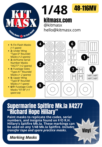 Supermarine Spitfire Mk.Ia X4277 “Richard Hope Hillary” 1/48 & 1/72 Main Marking Paint Masks