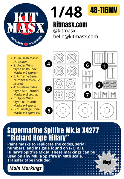 Supermarine Spitfire Mk.Ia X4277 “Richard Hope Hillary” 1/48 & 1/72 Main Marking Paint Masks