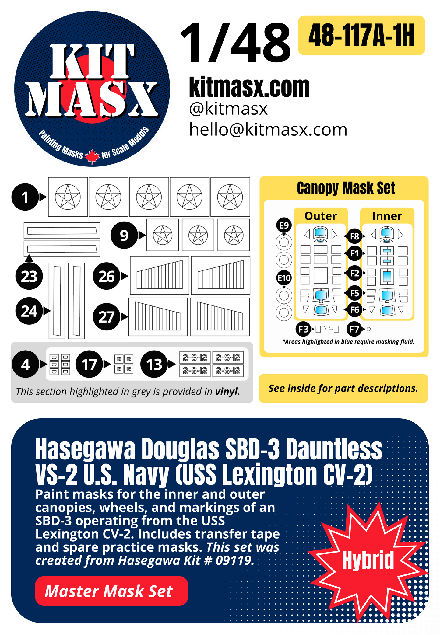 Hasegawa Douglas SBD-3 Dauntless VS-2 U.S. Navy (USS Lexington CV-2) 1/48 All-in-One Master Mask Set, Kit # 09119