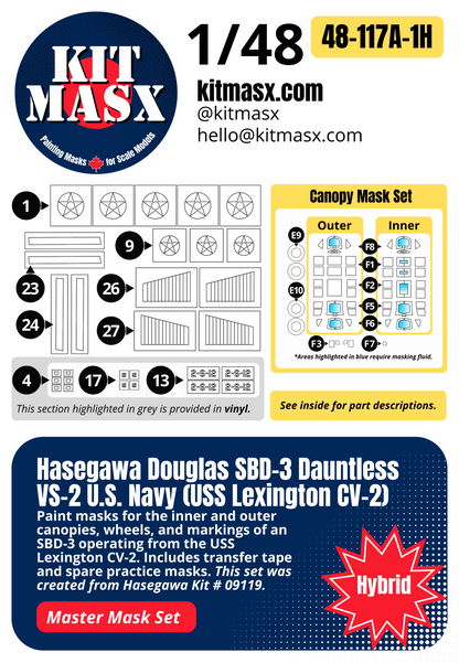 Hasegawa Douglas SBD-3 Dauntless VS-2 U.S. Navy (USS Lexington CV-2) 1/48 All-in-One Master Mask Set, Kit # 09119