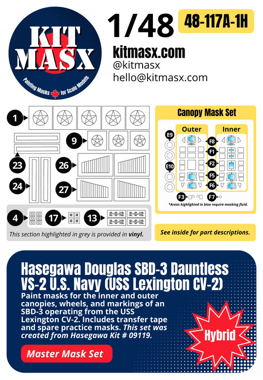 Hasegawa Douglas SBD-3 Dauntless VS-2 U.S. Navy (USS Lexington CV-2) 1/48 All-in-One Master Mask Set, Kit # 09119