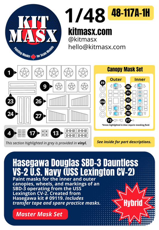 Hasegawa Douglas SBD-3 Dauntless VS-2 U.S. Navy (USS Lexington CV-2) 1/48 All-in-One Master Mask Set, Kit # 09119