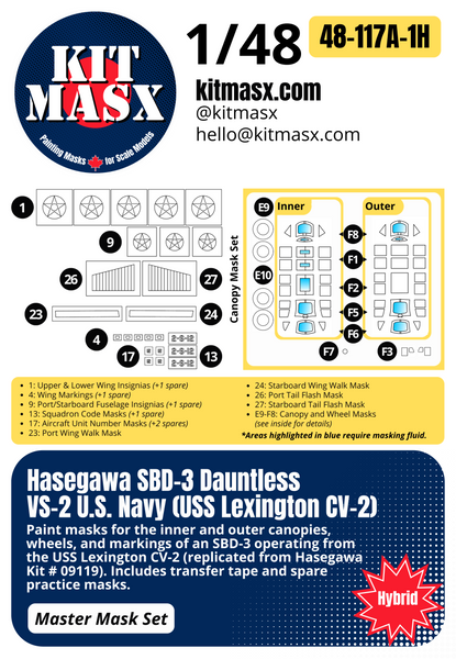 Hasegawa SBD-1/3/4, A-24A Dauntless 1/48 Canopy & Main Marking Paint Masks, Kit # 09119