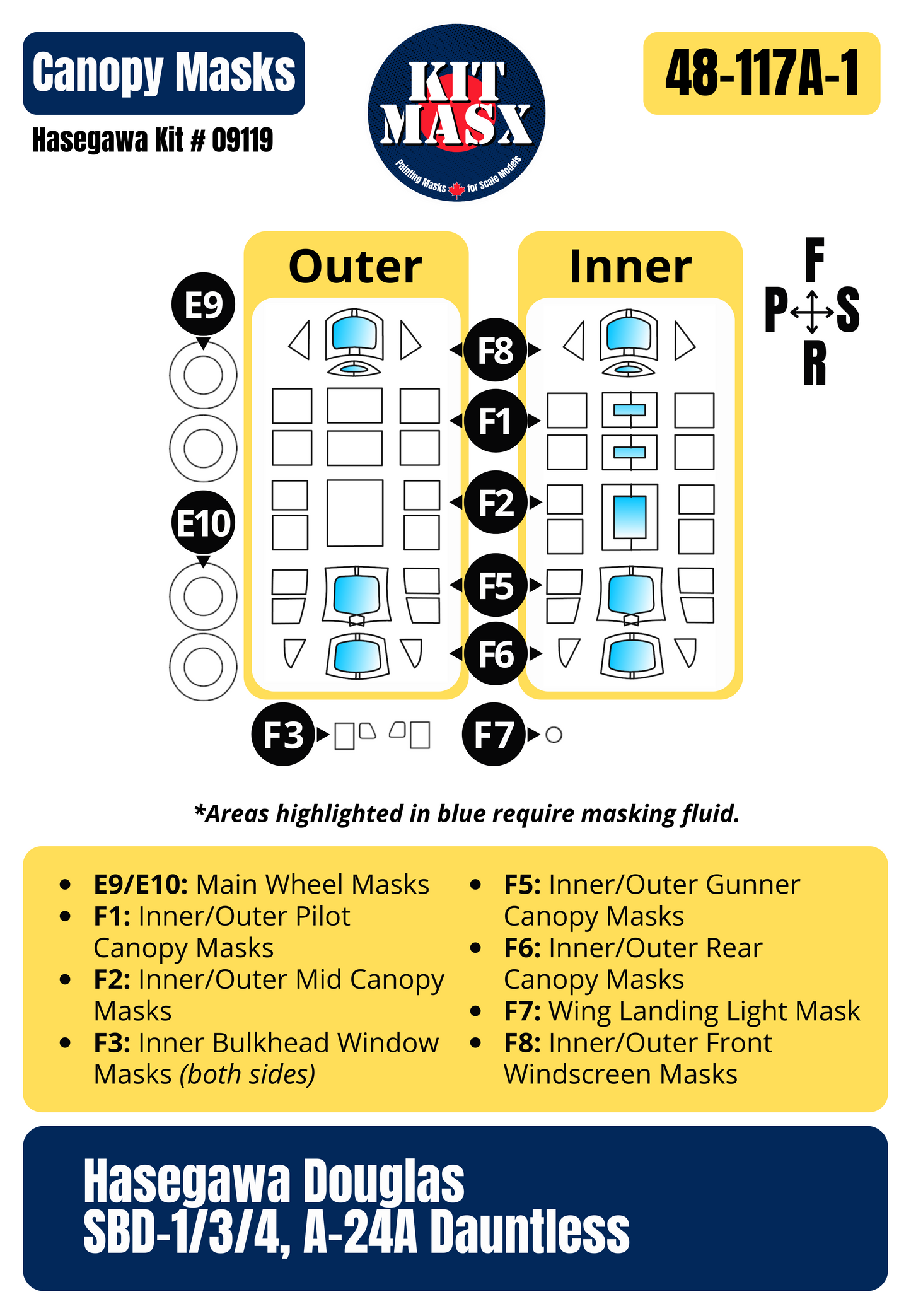 Hasegawa Douglas SBD-3 Dauntless VS-2 U.S. Navy (USS Lexington CV-2) 1/48 All-in-One Master Mask Set, Kit # 09119