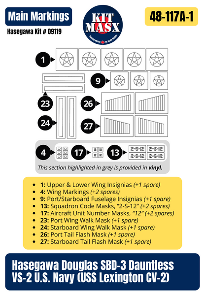 Hasegawa Douglas SBD-3 Dauntless VS-2 U.S. Navy (USS Lexington CV-2) 1/48 All-in-One Master Mask Set, Kit # 09119