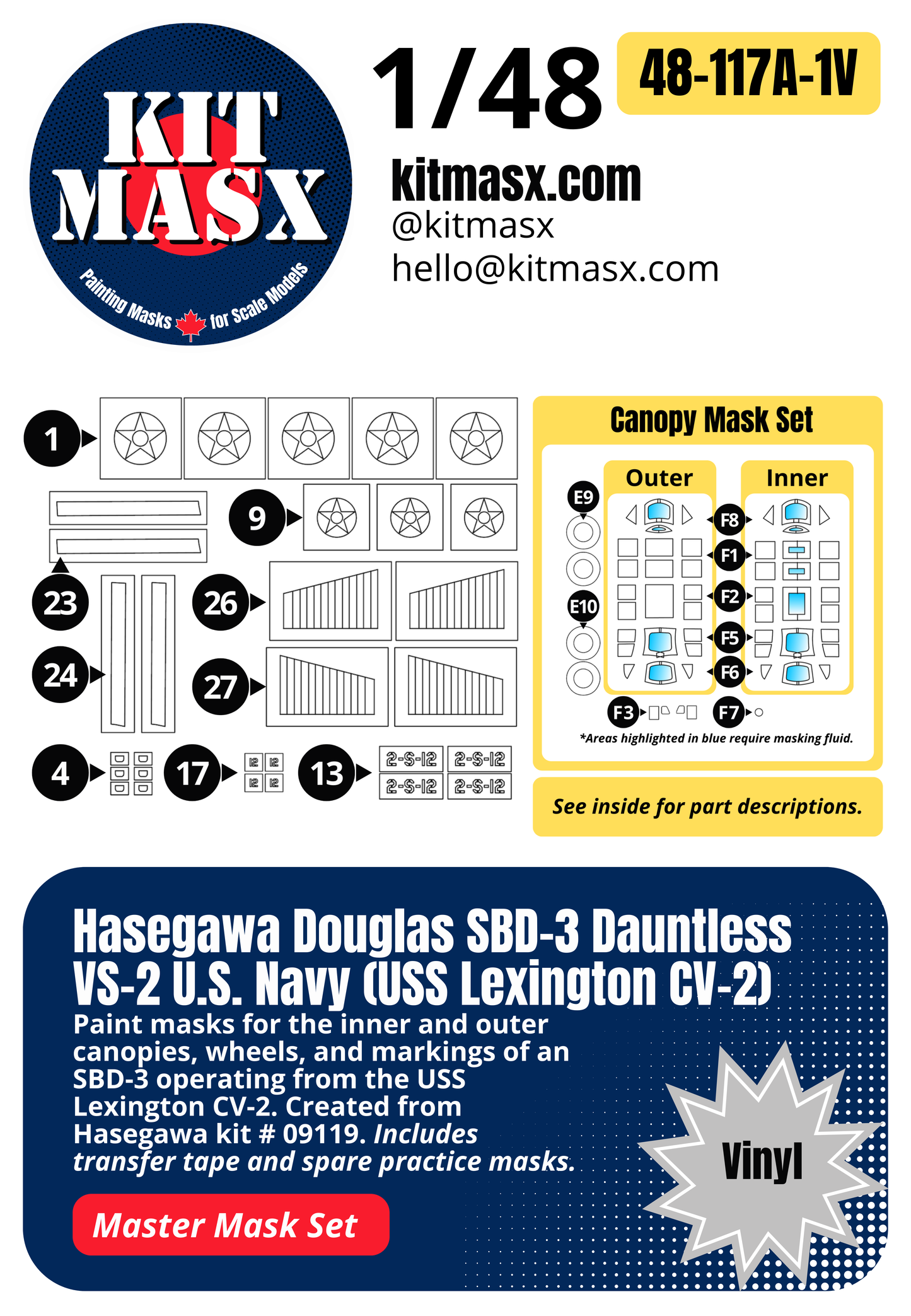 Hasegawa Douglas SBD-3 Dauntless VS-2 U.S. Navy (USS Lexington CV-2) 1/48 All-in-One Master Mask Set, Kit # 09119